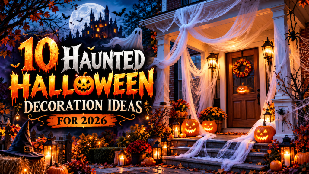 Haunted Halloween porch with glowing jack-o'-lanterns, ghost decorations, spiderwebs, and spooky outdoor lighting.