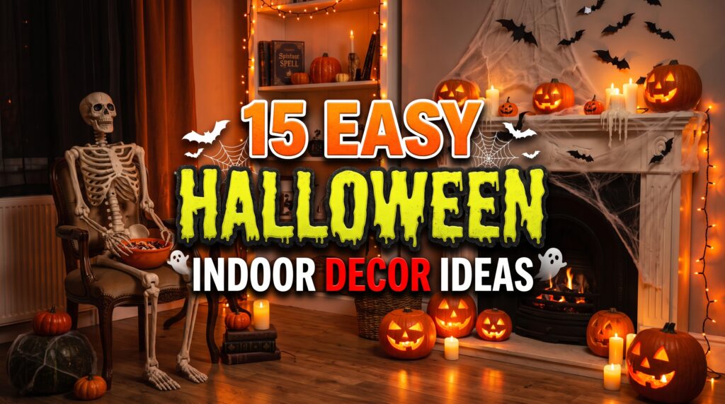 A cozy living room decorated for Halloween featuring a skeleton on a vintage sofa, glowing jack-o'-lanterns around the fireplace, cobwebs, and bats.