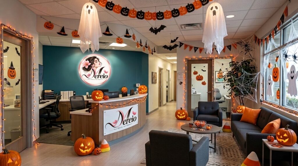 Modern office reception decorated with Halloween ghosts, pumpkins, and hanging black bats.