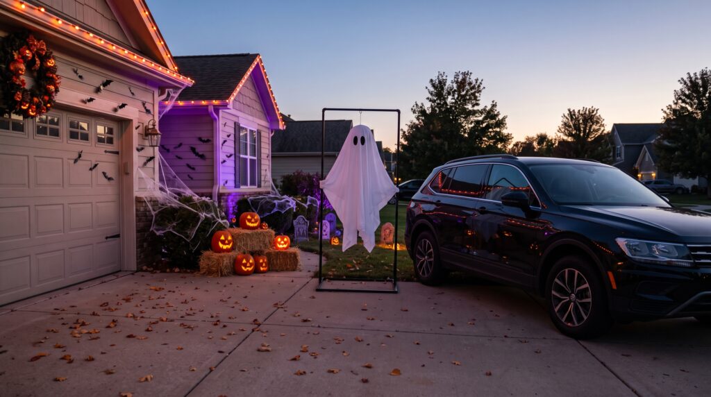 Black SUV parked in a Halloween-decorated driveway with glowing pumpkins and orange lights.