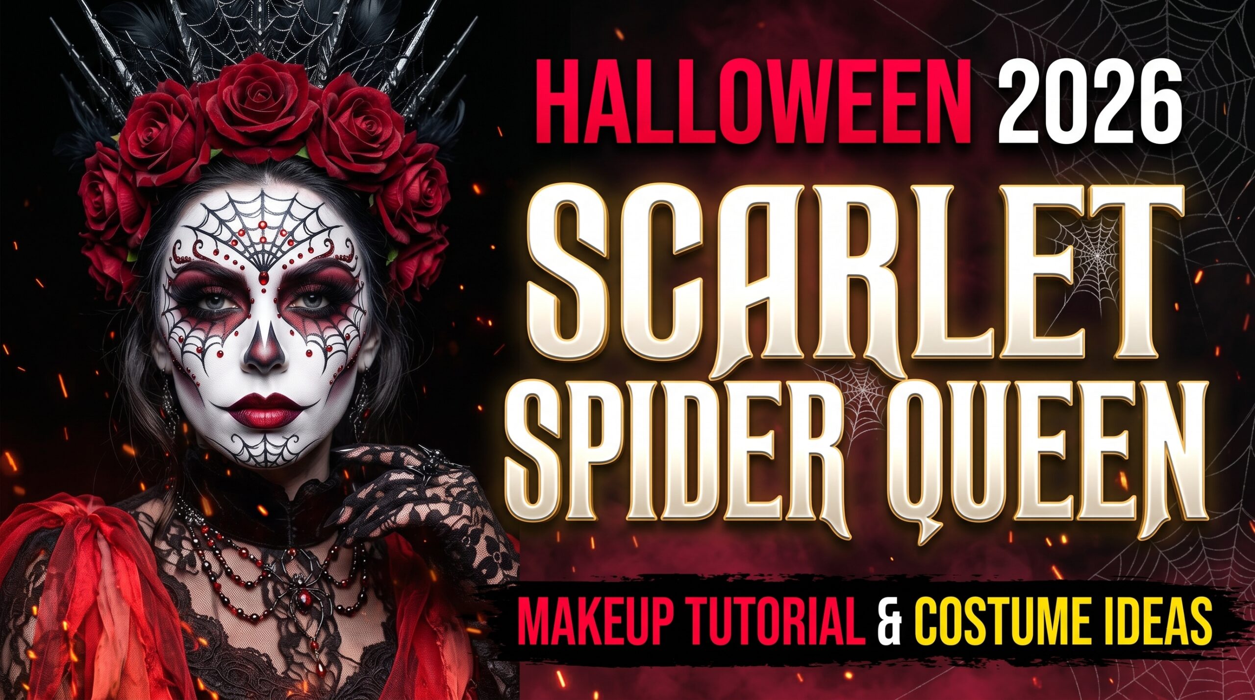 Gothic Halloween makeup featuring spiderweb face art, dark red roses, smoky eyes, and a dramatic rose queen crown