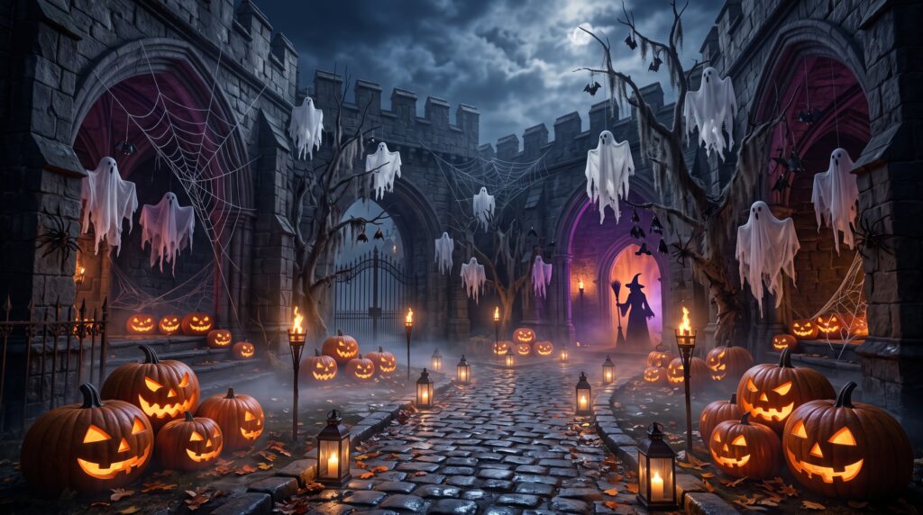 Gothic haunted castle courtyard decorated with glowing jack-o'-lanterns and spooky lanterns.