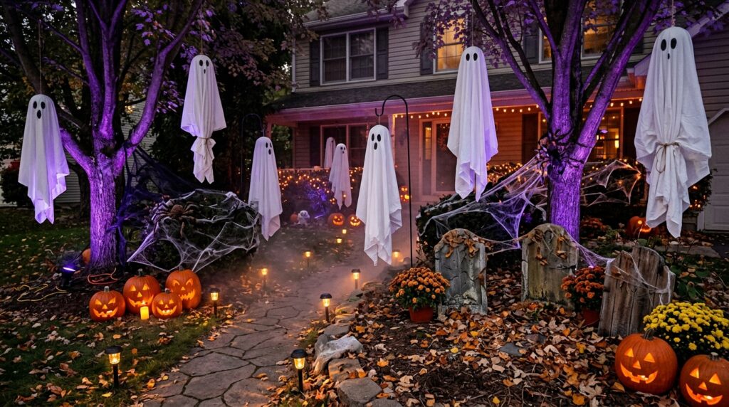 White ghost decorations, glowing pumpkins, and spiderwebs in a haunted Halloween garden.