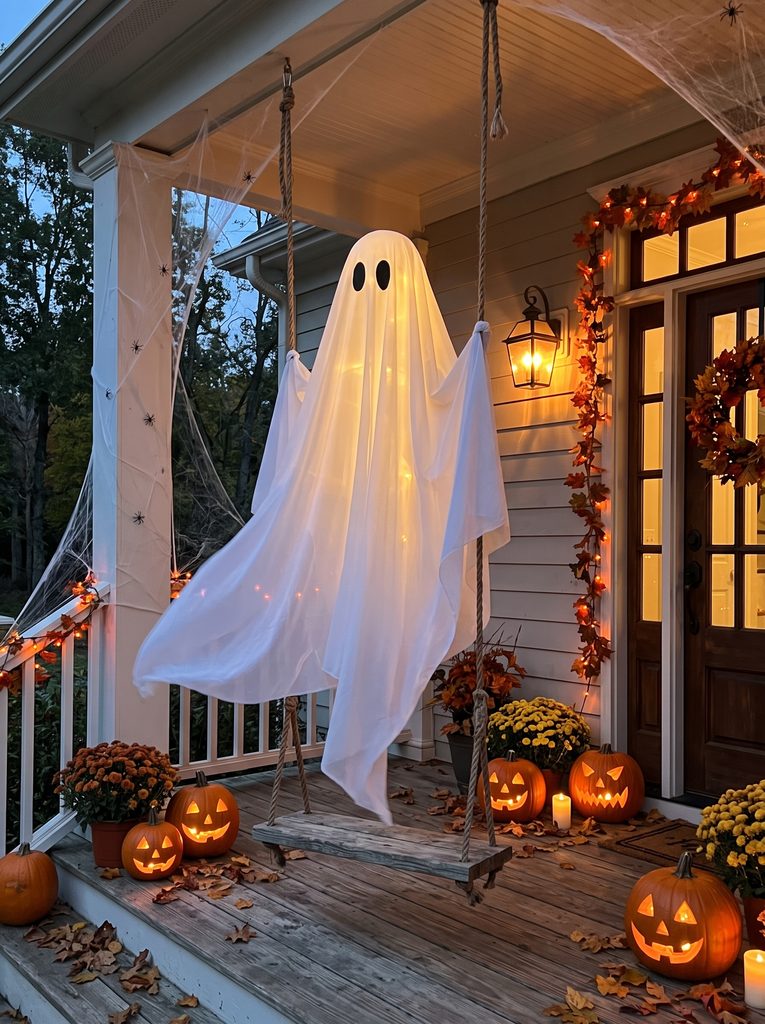 White hanging ghost decoration and glowing jack-o'-lanterns on a haunted Halloween front porch.