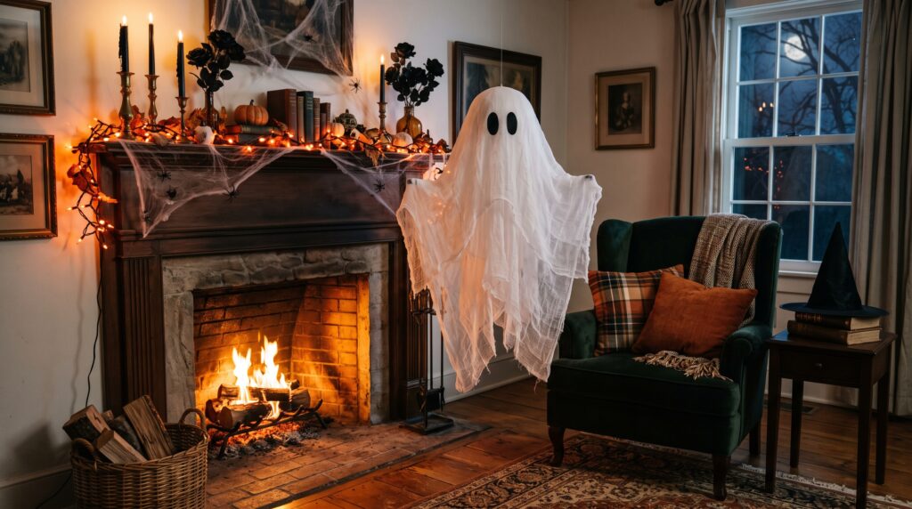 Cozy Halloween living room with a ghost decoration, fireplace pumpkins, and black candles.