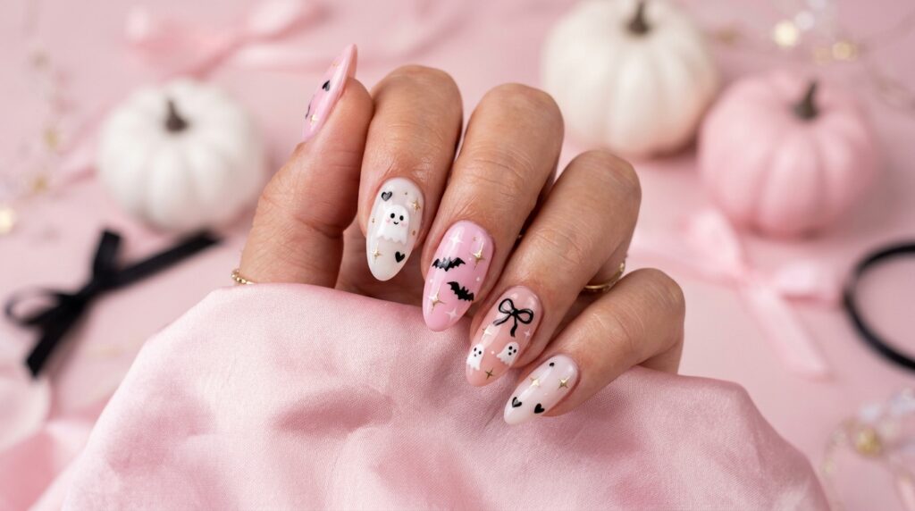 Pink Halloween nails with a soft blush base, cute white ghosts, and tiny black bat accents