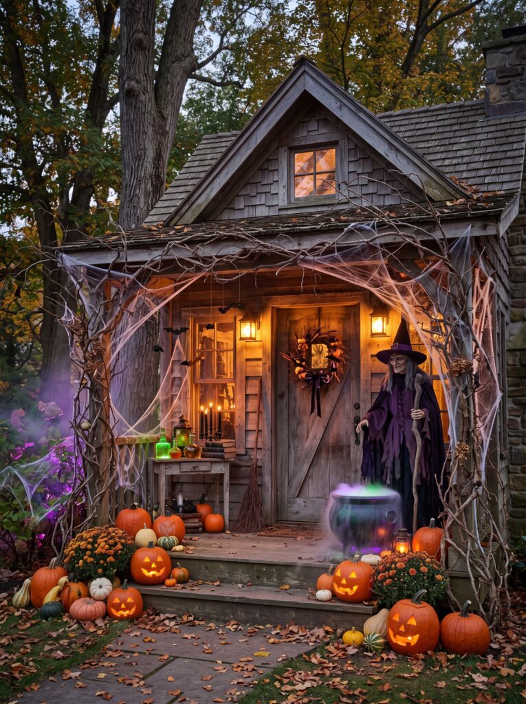Witch-themed Halloween cottage entrance with a broom, pumpkins, cauldron, and purple lights.