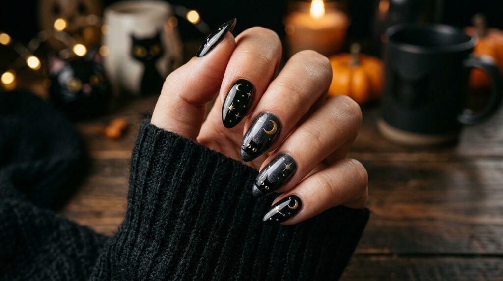 Black cat Halloween nails featuring tiny cat silhouettes, yellow eyes, and crescent moon accents