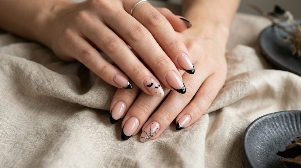 Elegant black French tip Halloween nails with a nude pink base and delicate spooky accents