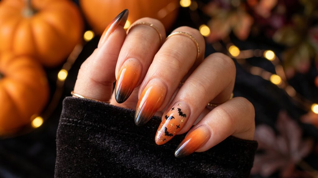 Glossy black and orange Halloween nails with pumpkin accents and spooky nail art