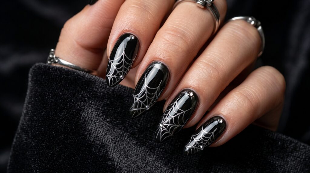 Black Halloween nails featuring delicate silver spiderweb nail art