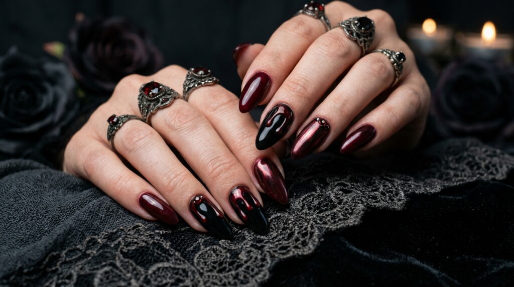 Blood-red drip Halloween nails with glossy red polish and a spooky dripping-blood design