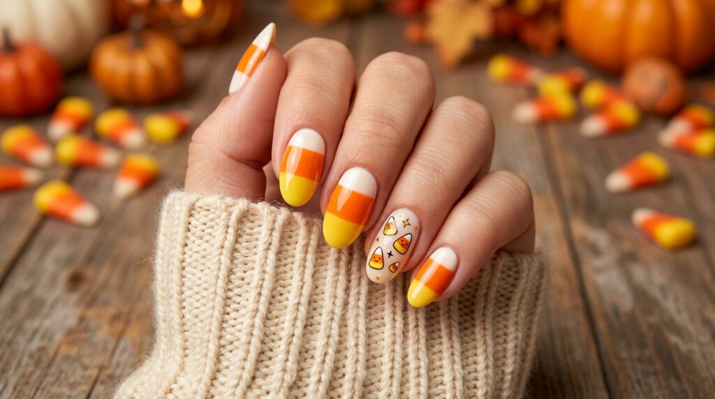 Candy corn Halloween nails with white, orange, and yellow striped nail art