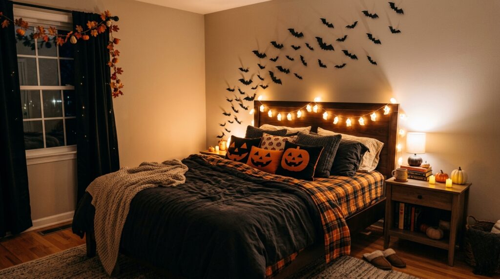 A cozy bedroom decorated for Halloween with pumpkin-themed throw pillows, bat wall decals, and ghost-shaped string lights.