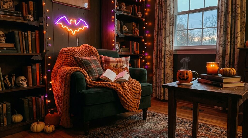 cozy reading nook decorated for Halloween with a chunky orange blanket, a jack-o'-lantern mug, and a glowing neon bat sign.