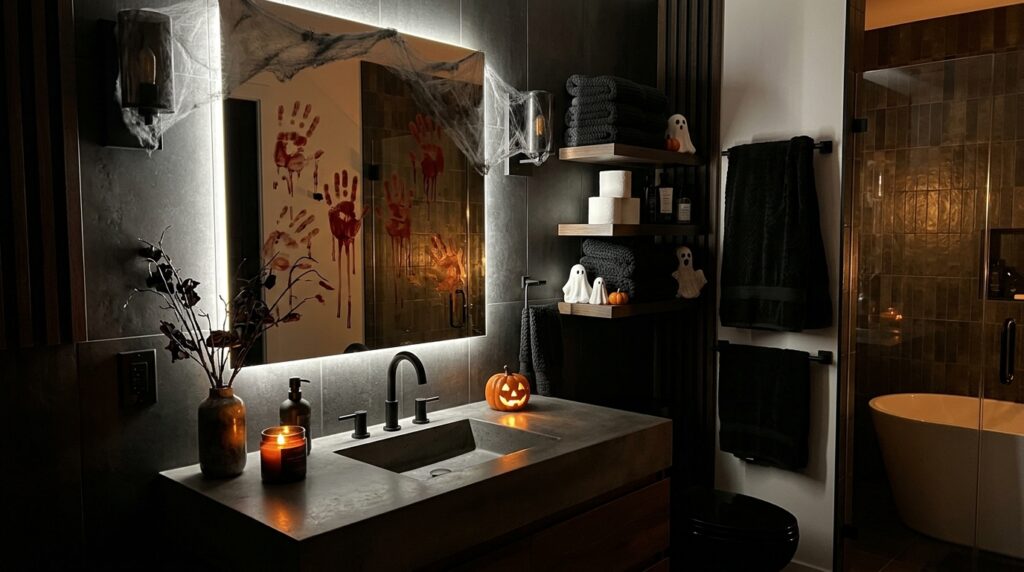 A modern bathroom decorated for Halloween with fake bloody handprints on the mirror, black towels, and small ghost figurines.