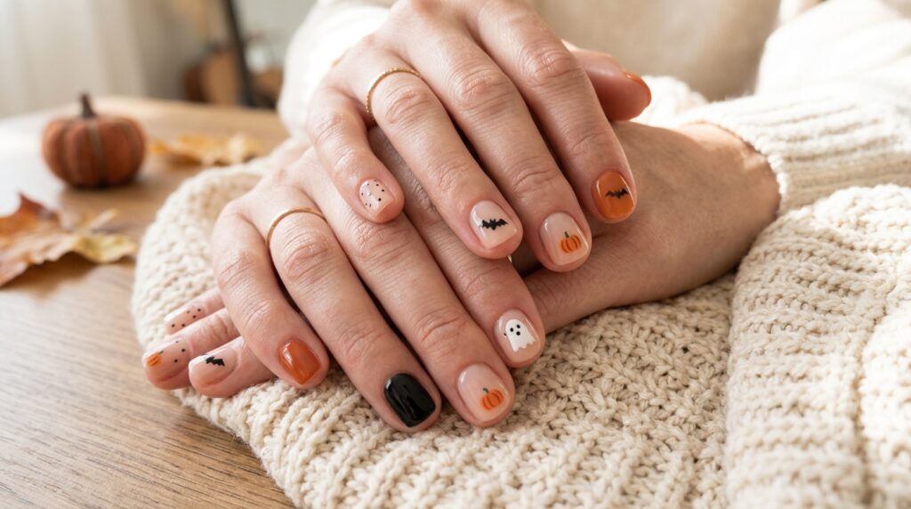 Cute ghost Halloween nails with smiling white ghosts on a sheer pink manicure