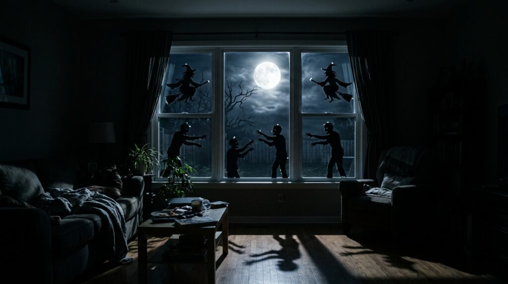 Large window in a dark room with paper silhouettes of witches and zombies taped to the glass, illuminated by the moon.