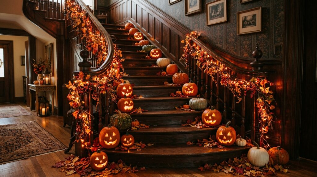 An indoor wooden staircase decorated for Halloween with orange string lights, scattered autumn leaves, and carved pumpkins on the steps.
