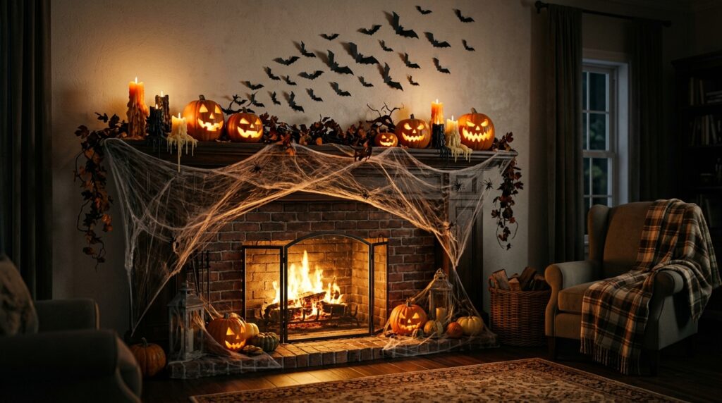 A cozy living room fireplace mantel decorated for Halloween with glowing jack-o'-lanterns, melting candles, black paper bats, and thick fake cobwebs.