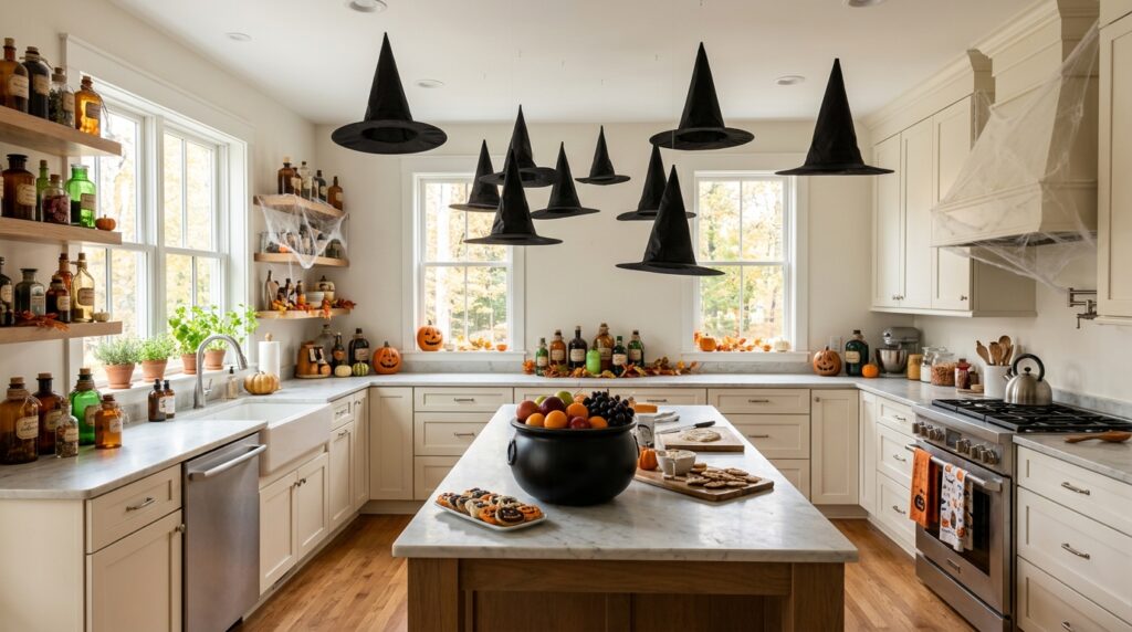A bright kitchen decorated for Halloween with black witch hats hanging from the ceiling, potion bottles, and a cauldron-shaped bowl on the counter.