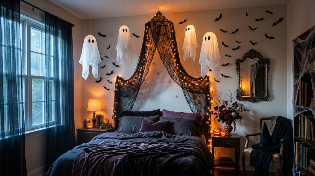 Halloween bedroom with floating white ghost ornaments, purple bedding, and orange fairy lights.