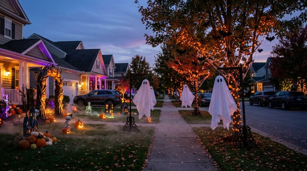 American residential street decorated with Halloween ghosts, pumpkin lanterns, and orange lights.