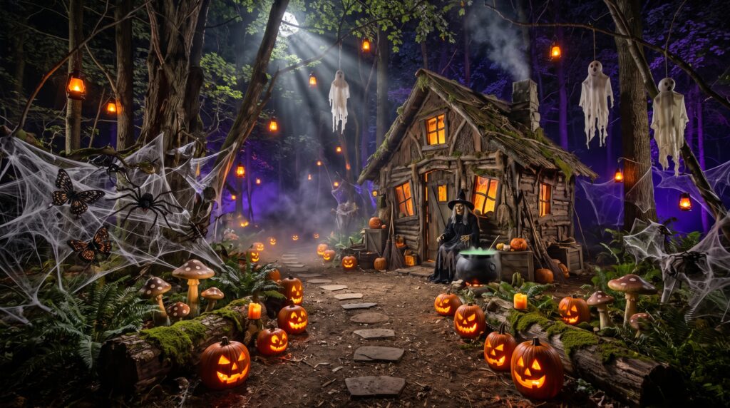 Haunted woodland garden with a witch hut, glowing pumpkins, lanterns, and spiderweb decorations.