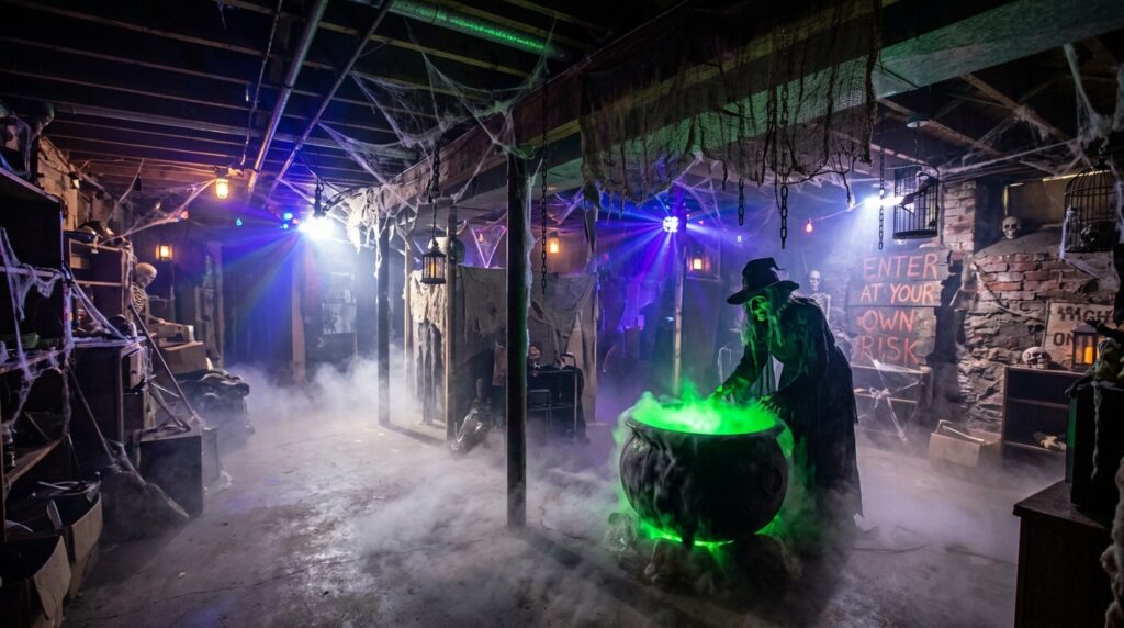A creepy basement transformed into a haunted house with strobe lights, fog machine mist, and a glowing green witch's cauldron.