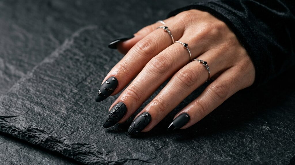 Matte black Halloween nails with a velvety finish and subtle spiderweb nail art