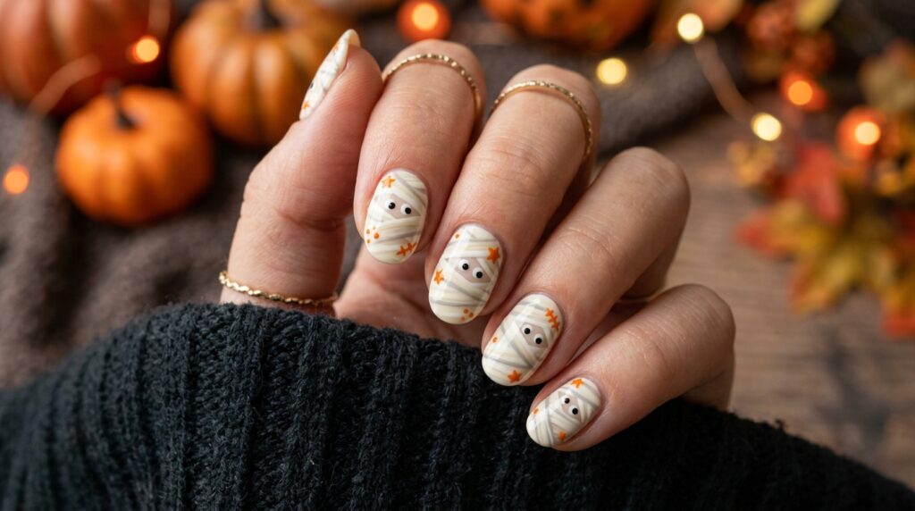 Mummy Halloween nail art with white bandage stripes and tiny black eyes on nude nails
