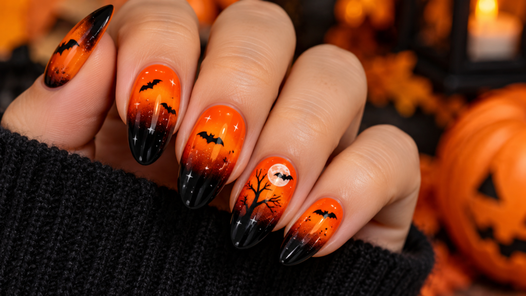 Orange-to-black ombre Halloween nails with black bats, silver stars, and a spooky moon design
