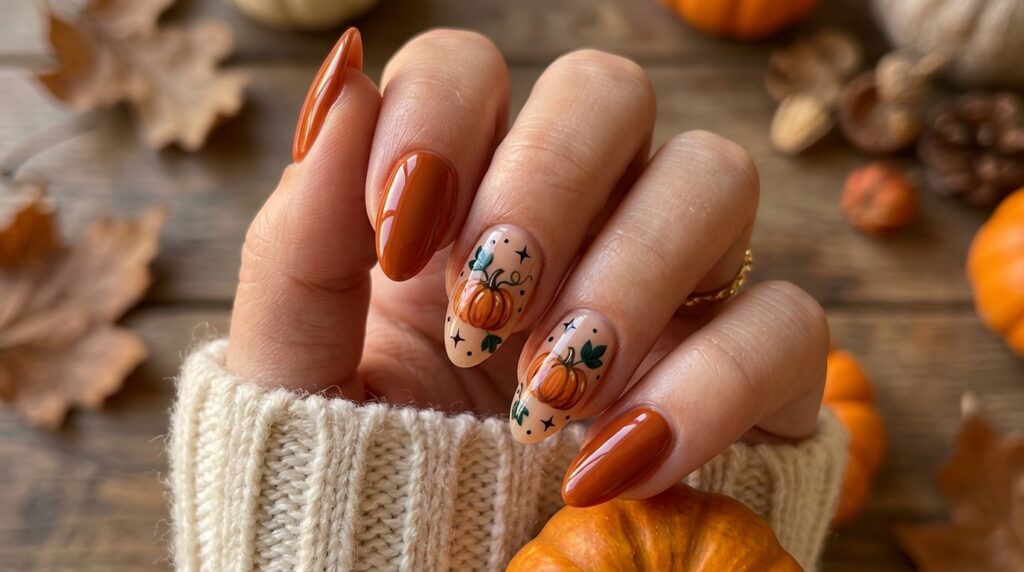 Pumpkin Halloween nail art with orange pumpkins and green stems on autumn-inspired nails