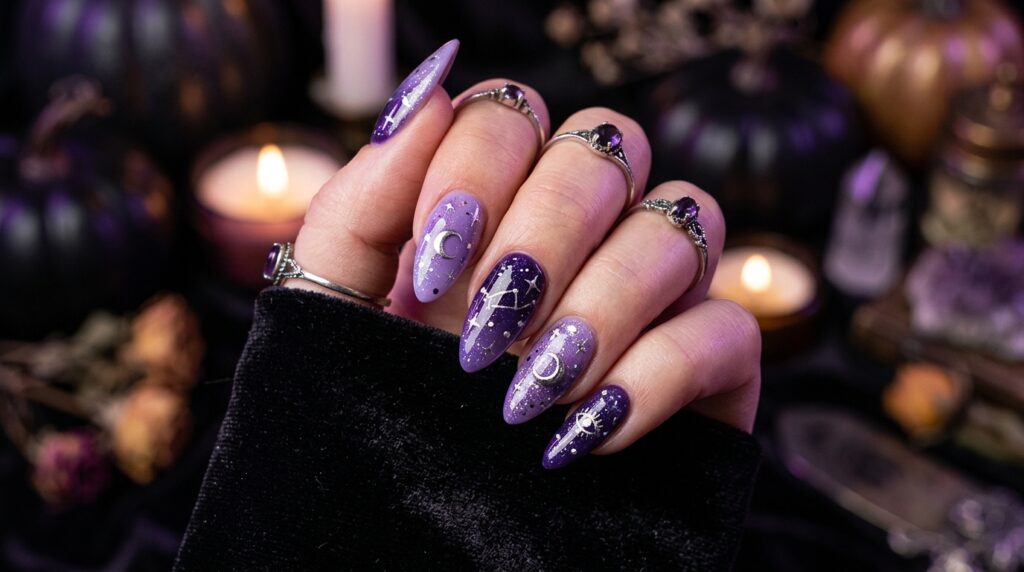 Purple witchy Halloween nails with deep plum polish, crescent moons, and silver star nail art