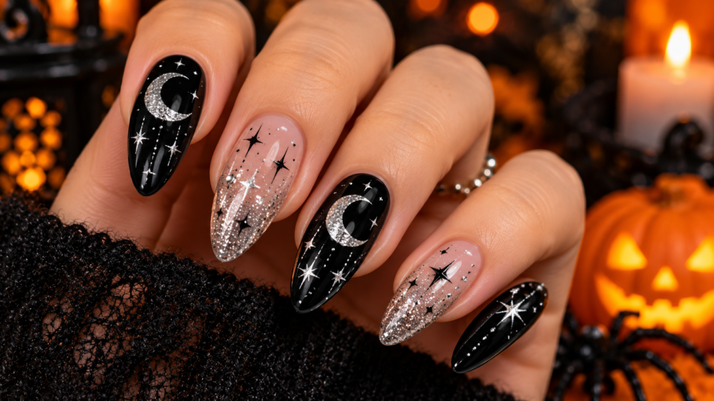 Black and nude Halloween nails with silver crescent moons, glitter stars, and celestial nail art