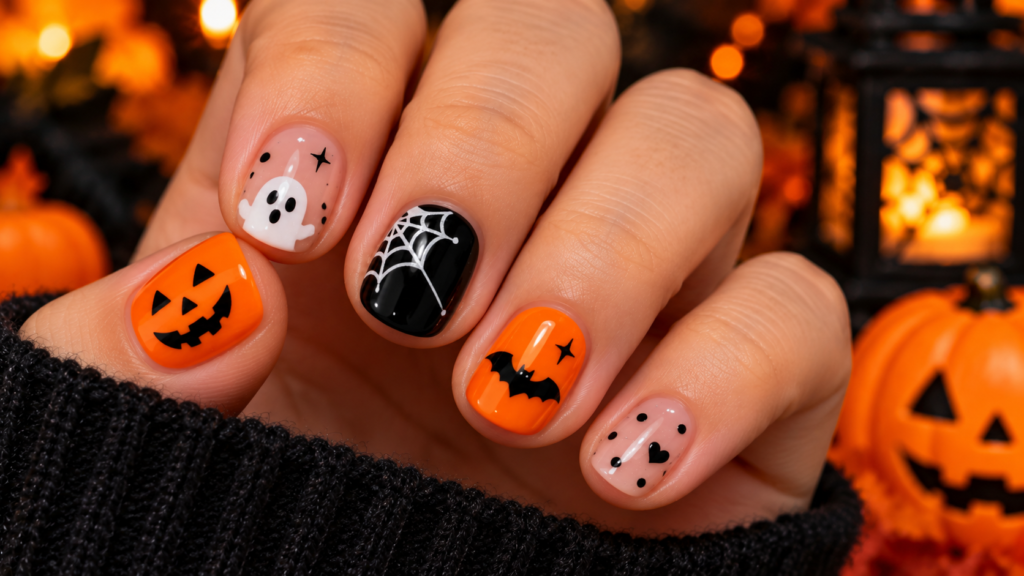 Short Halloween nails with a cute white ghost, orange pumpkin, black spiderweb, and bat nail art