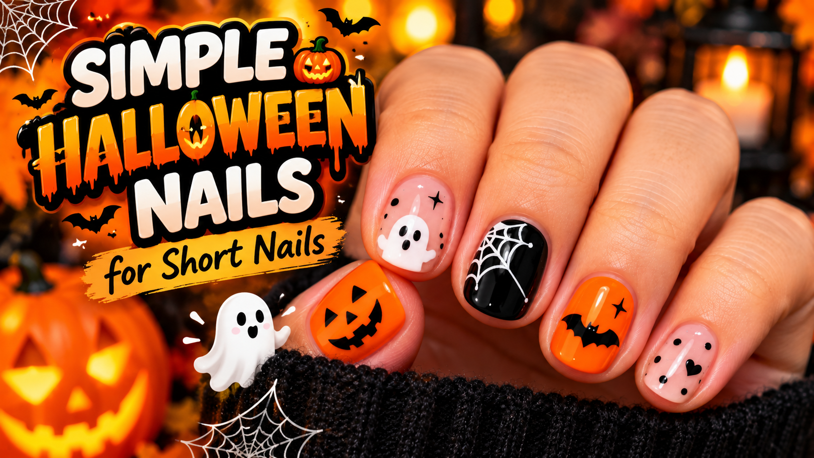 Simple short Halloween nails featuring a cute ghost, orange pumpkin, black spiderweb, and bat nail art