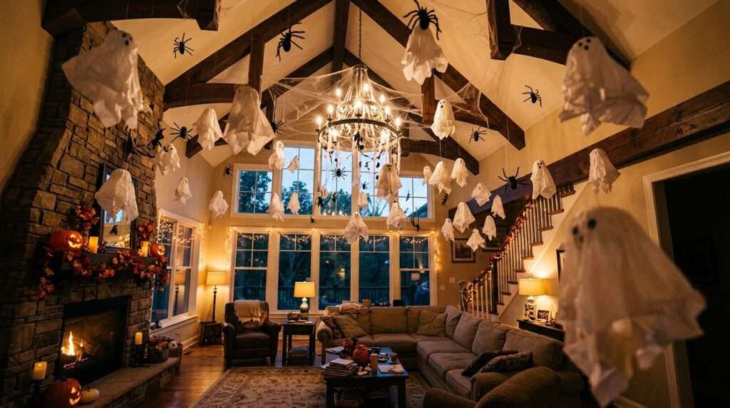 A high-ceiling living room with dozens of fake black spiders and white tissue-paper ghosts hanging from the ceiling.