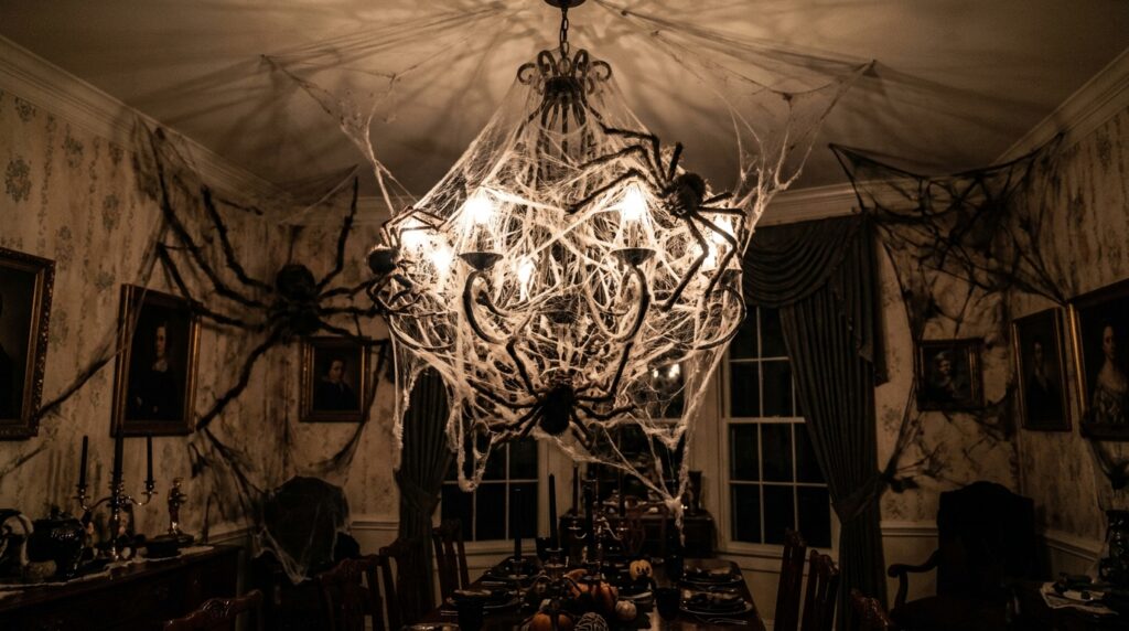 An indoor dining room chandelier covered in dense artificial spider webs with giant fake hairy spiders, casting shadows.