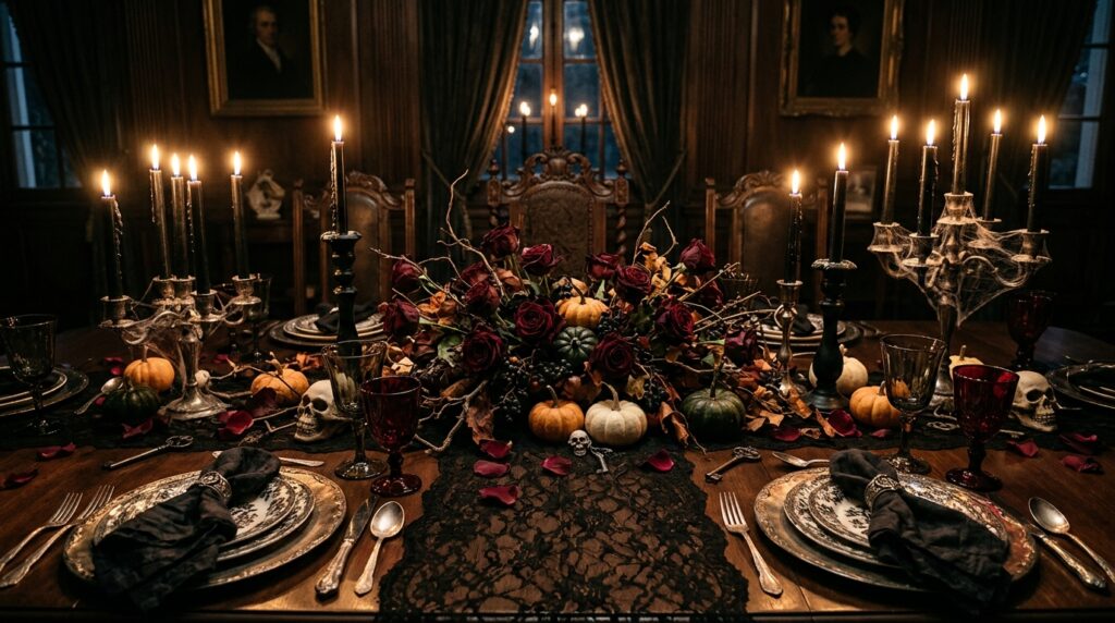 A spooky Halloween dining table setup featuring a black lace runner, dark red roses, miniature pumpkins, and tall black candlesticks.