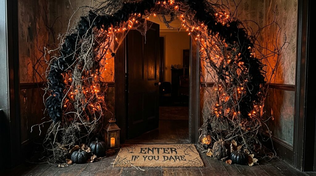An interior doorway framed with a spooky arch made of dried dark vines, black feathers, and orange fairy lights, with a doormat.