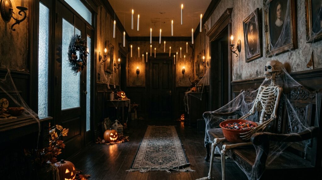 An entryway hallway decorated for Halloween with a life-sized skeleton sitting on a bench holding a trick-or-treat candy bowl.