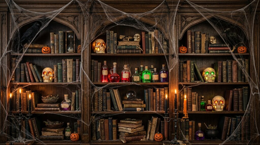 A large wooden bookshelf styled for Halloween with dusty old spell books, glowing skull lamps, potion bottles, and fake cobwebs.