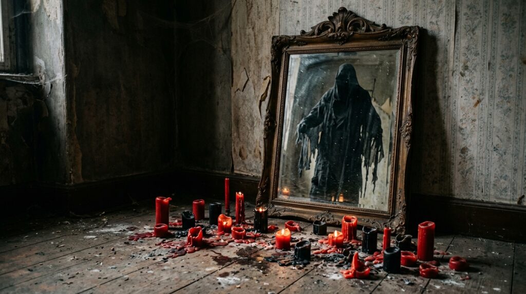 A vintage standing mirror in a corner of a room draped in tattered black cloth and surrounded by melted candles on the floor.